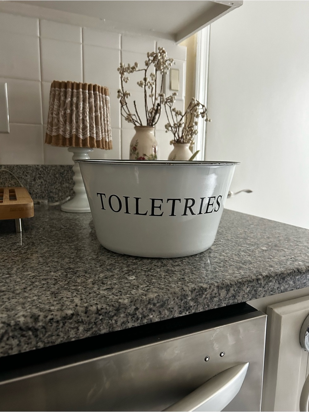 White Enamel 'Toiletries' Storage Bowl